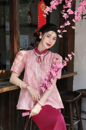 áo bà ba gấm hoa tông hồng phấn