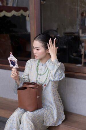 Áo bà ba tơ tằm hà đông xanh ghi lá công