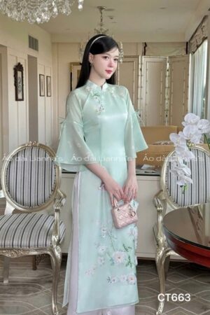 Áo dài cách tan xanh Ngọc kết hoa kiotviet c820daf4110a159729608406a5ce0c61
