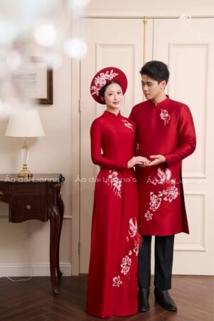 Cặp Áo dài cưới đỏ thêu hoa