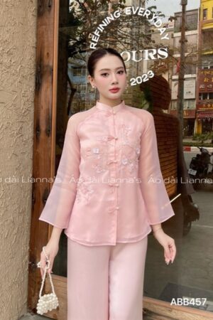 áo bà ba đính kết khuy gài tong Hồng