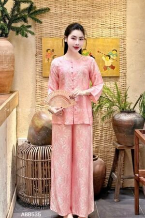 Áo bà ba tơ tằm chữ thọ màu peach