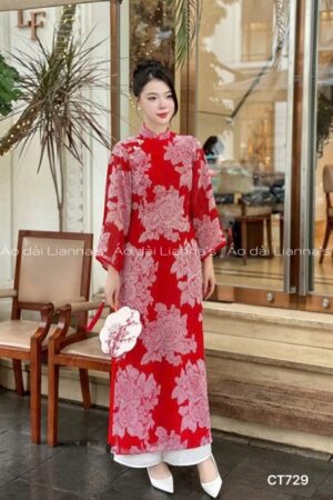 Áo dài tơ suông đỏ hoa Hồng xám