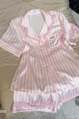 set lụa tay cộc quan đùi sọc hồng phối tim ren