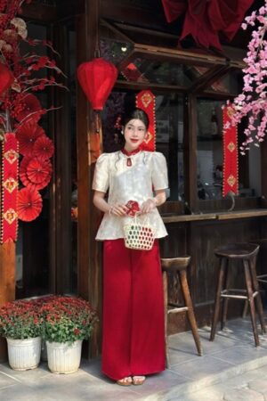 Áo bà ba gấm tông kem