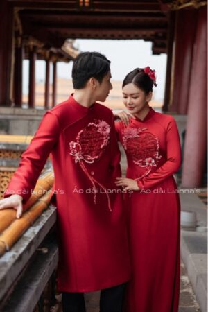Cặp áo dài cưới đỏ thệ kết cao cấp