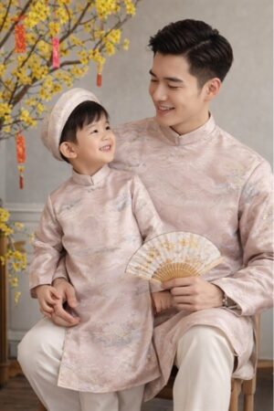 Ao dai nam Hồng paste họa tiết phong cảnh