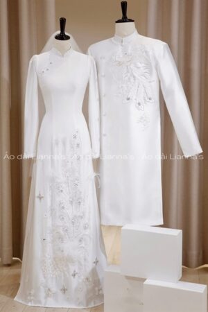 Cặp áo dài cưới trắng thêu kết cao cấp