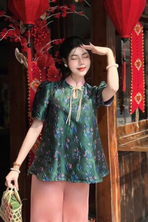 Áo bà ba gấm hoa tông xanh