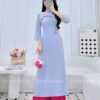 Áo dài cách Tân tơ thêu tong xanh lavender
