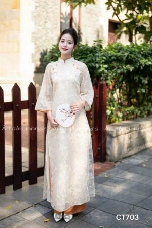 Áo dài cách Tân ren thêu hoa tong kem nút cam kiotviet 1f86bc40bdb825c7448d734109aa2645