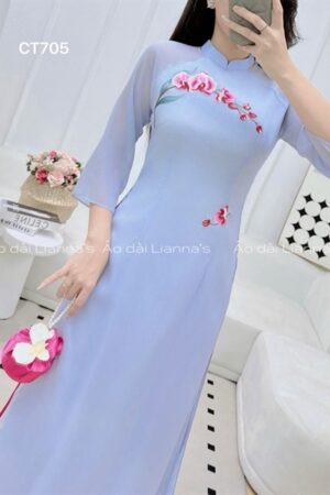 Áo dài cách Tân tơ thêu tong xanh lavender kiotviet 32a761426dbddf8ca78bb56b93333ac1