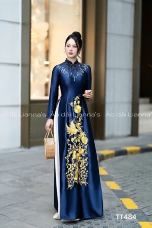 Áo dài xanh valentino thêu kết cao cấp