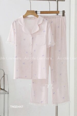 Set Lua Sally tay ngắn quần dài tim tím nền hồng