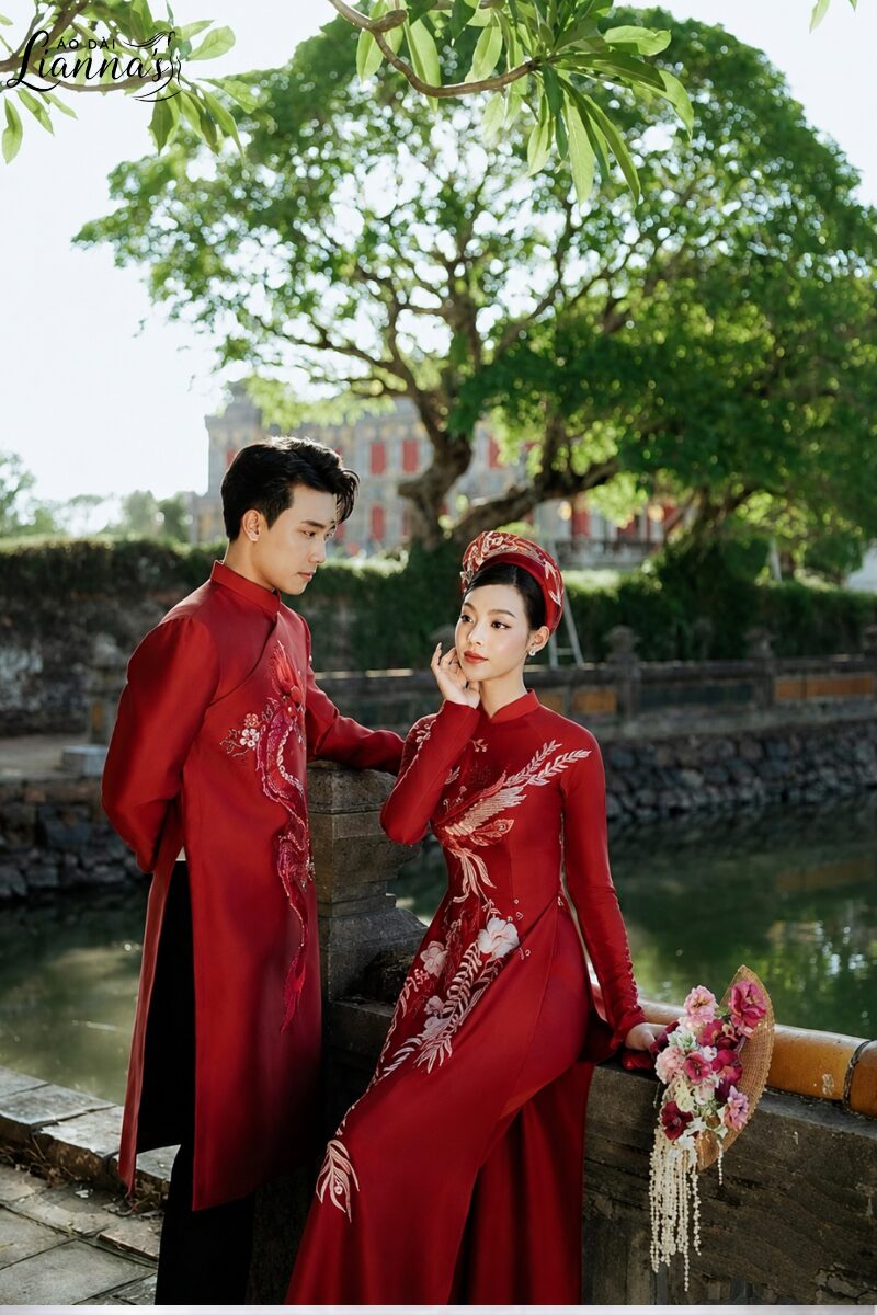 Áo dài cưới rồng phượng đỏ: Vẻ đẹp uyên ương cho ngày Vu Quy set ao dai cuoi doi co dau chu re 1 1