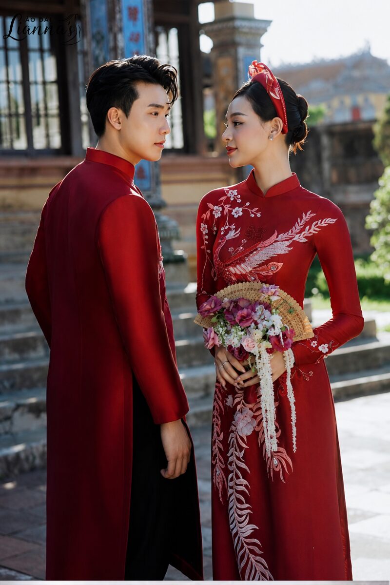 Áo dài cưới rồng phượng đỏ: Vẻ đẹp uyên ương cho ngày Vu Quy set ao dai cuoi doi co dau chu re 3 1