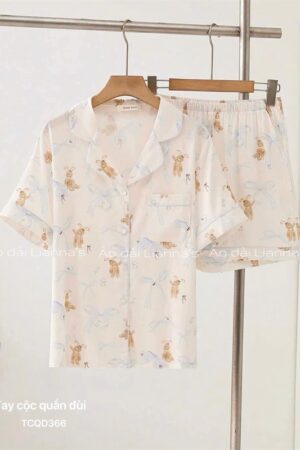 Set lụa đùi Sally gấu nâu nền kem