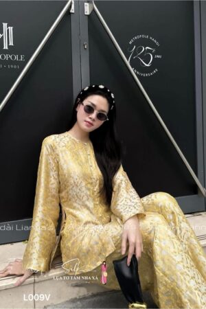 Áo bà ba tơ tằm nha xa chim công vàng phối xanh