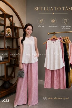 Set sát nách lụa tơ tằm áo trắng quan hồng