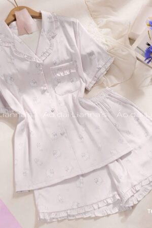 Set lụa đùi Sally mèo nơ tím nền hồng