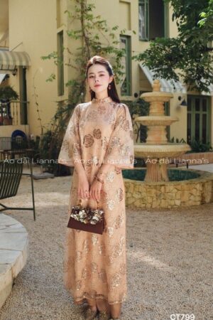 Áo dài kim sa hoa hồng màu champagne