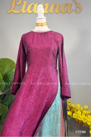 Áo dài ánh kim tím 4 ta cổ tròn