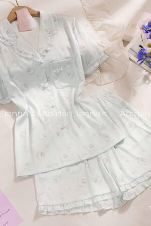 Set lụa đùi Sally mèo nơ xanh nền xanh