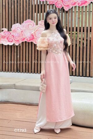 Áo dài kim sa hồng hở vai