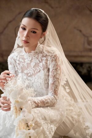 Áo dài cưới ren hoa trắng kèm veil kiotviet be4fd53221ad6b2b558c847d8aa37b16