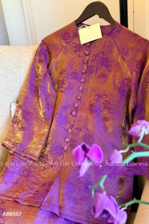 Áo bà ba lụa tằm tím ánh kim hoa nổi