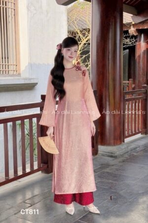 áo dài tencel hồng đào kết nơ