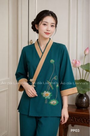 pháp phục xanh lá cổ V hoa sen
