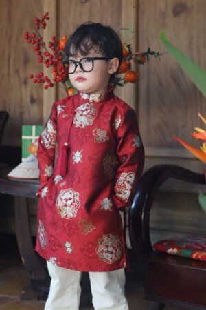 Áo dài bé trai đỏ vân mây