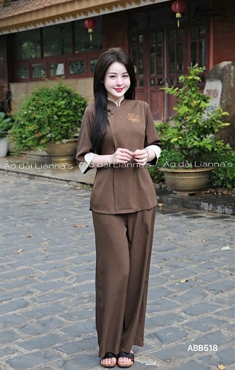 Pháp phục nữ tay ngắn linen nâu phù hợp thời tiết ấm áp