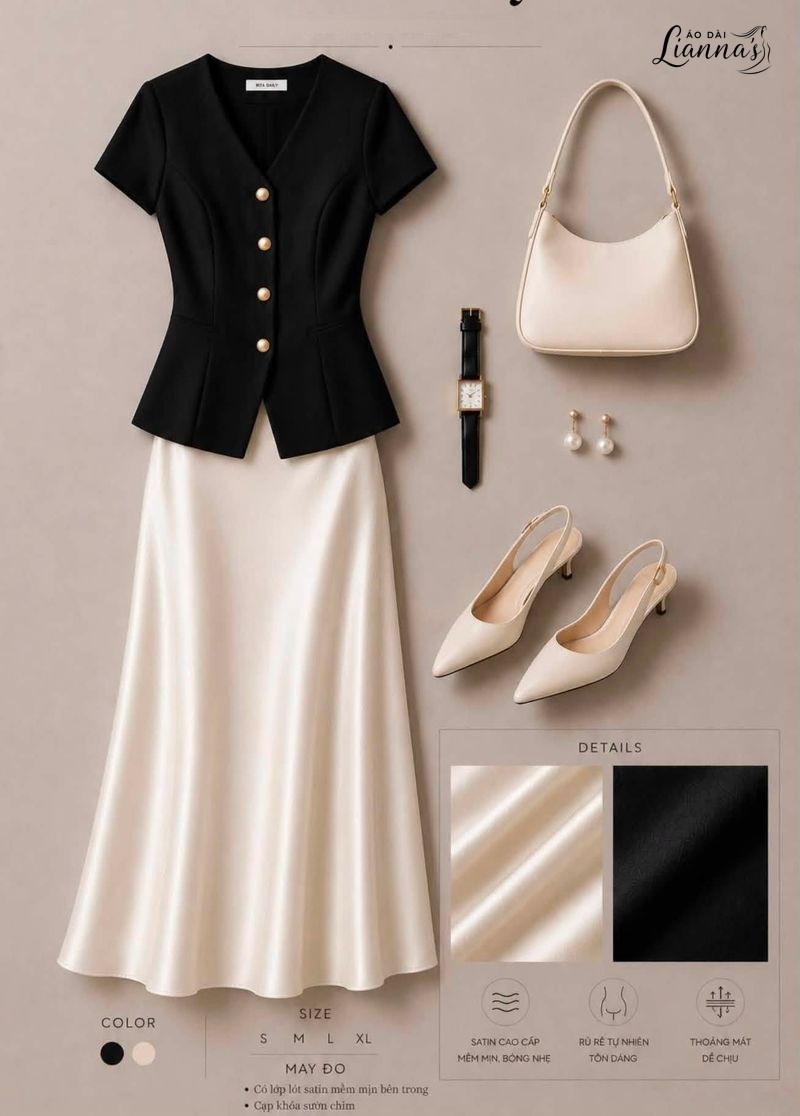 Order quần áo tại Mỹ set áo blazer đen và chân váy kem