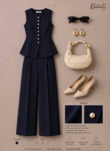 Order quần áo tại Mỹ set áo vest và quần ống rộng màu navy